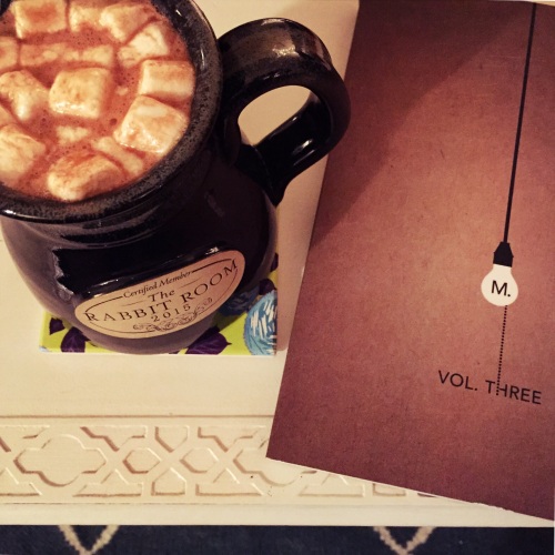 Hot chocolate in a Rabbit Room mug and The Molehill Volume Three make for good company on a dark, snowy night.